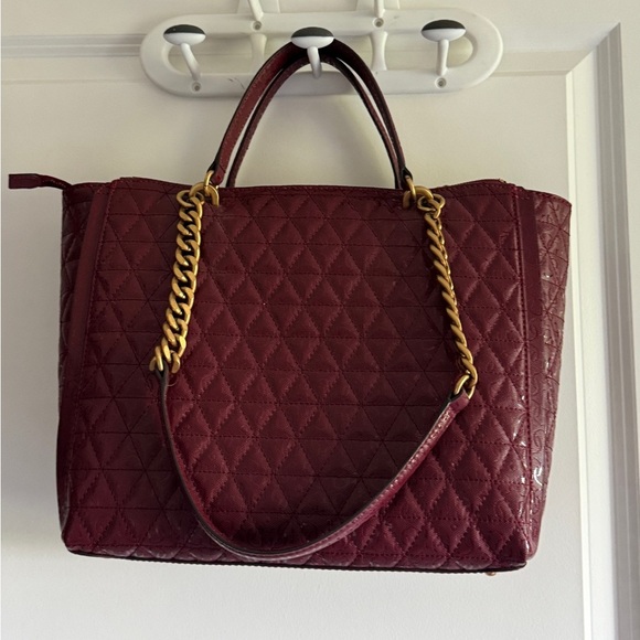 Guess Burgundy Quilted Tote with Gold Chain - Picture 10 of 12